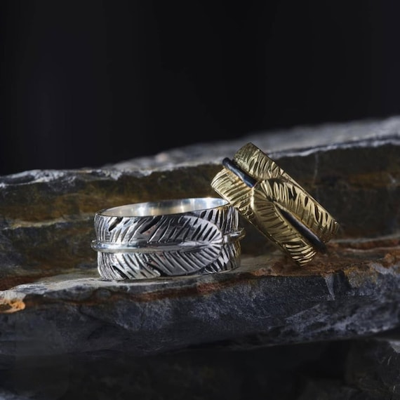 Feather Silver Couple Rings - Handmade Matching Love Bands for Him & Her