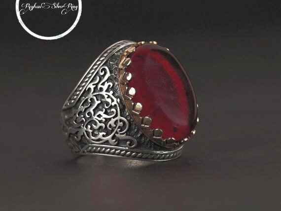 Red Fire Amber Stone Ring: Handmade 925 Sterling Silver Ivy Pattern