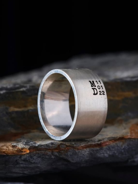 Personalized Sterling Silver Wedding Band: Wide Ring with Engraved Initials & Date
