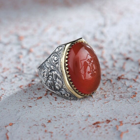 Double Headed Eagle Red Agate Stone Ring, 925 Sterling Silver, Customizable Handmade Ring