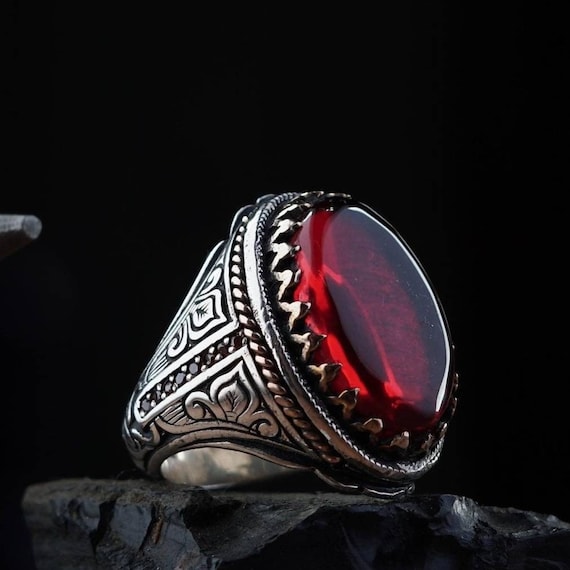 Handmade Red Clamped Amber Men's Sterling Silver Ring - Adjustable Ottoman Jewelry