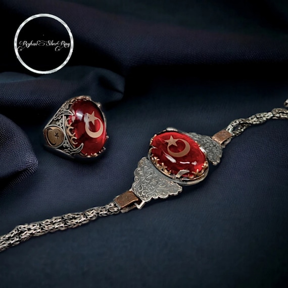 Sterling Silver Ring and Bracelet Set: Red Amber Moon Star Jewelry