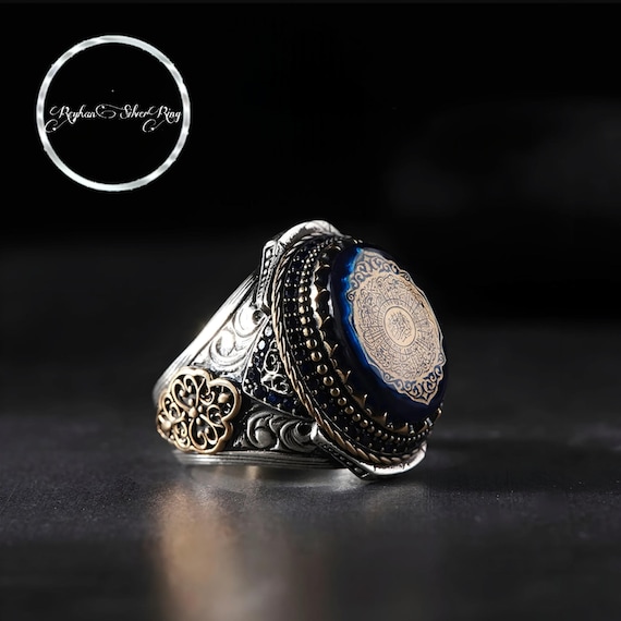 Handcrafted Silver Men's Ring - Blue Amber & Zircon - Engraved Surah Al-Inshirah - Customizable Design