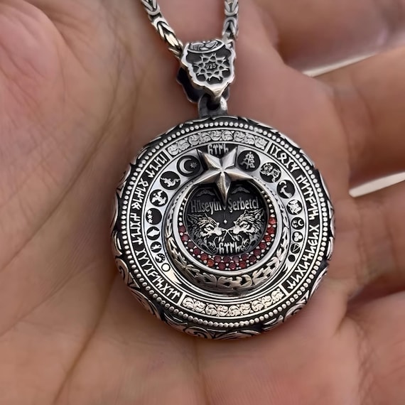 925 Silver Wolf & Crescent Star Medallion Necklace - Oghuz Turkic Design