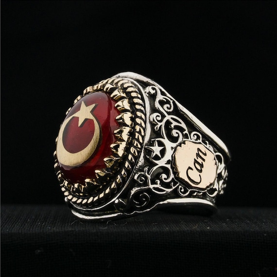 Men's Red Fire Amber Sterling Silver Star & Crescent Ring - Handmade Red Gemstone Jewelry