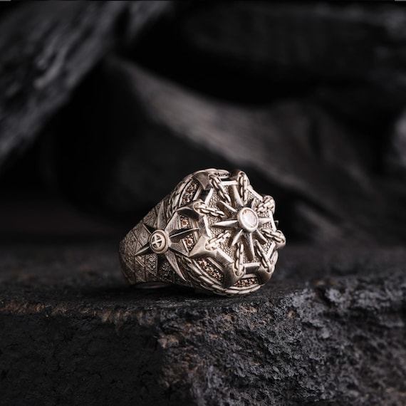 925 Sterling Silver Men's Ring - Black Rhodium Plated, Polar Star & Fig Pattern, Vintage Style