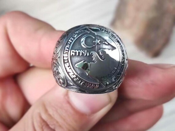 Turkish Wolf Ring 925 Silver with 16 Turkish States Flags and Old Turkic Writing