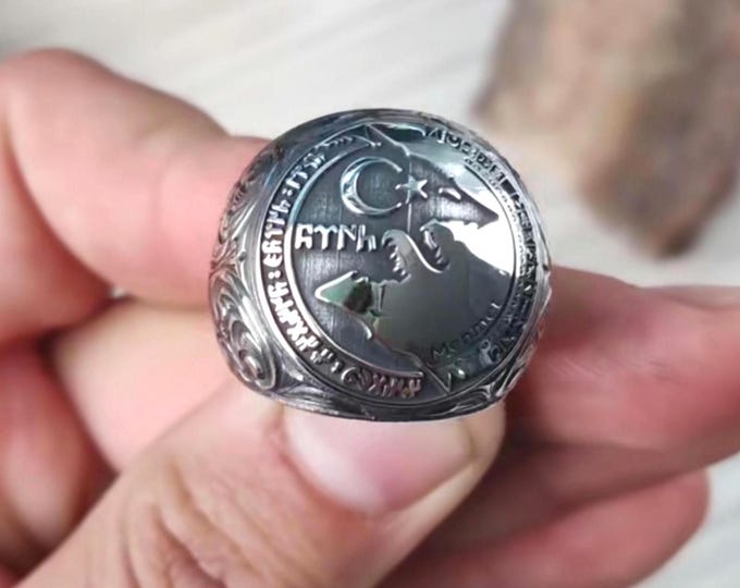 Turkish Wolf Ring 925 Silver with 16 Turkish States Flags and Old Turkic Writing