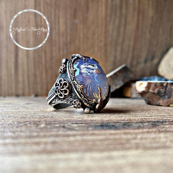 Sterling Silver Falcon Ring: Handcrafted Moonstone, Adjustable