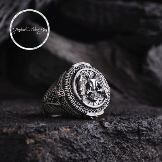 Double-Headed Eagle Ring - Customizable Sterling Silver Men's Ring with Micro Stones and Engraved Design