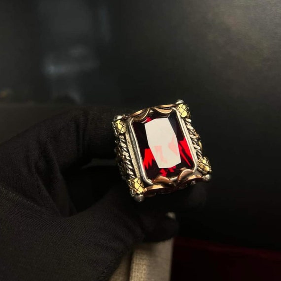 Sterling Silver Lily & Sword Ring: Red Zircon Stone, Adjustable