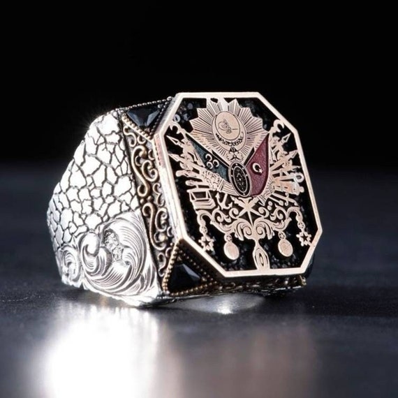 Ottoman Flag Embroidered Black Zircon Stone Handmade Silver Ring, Turkish Gift Jewelry