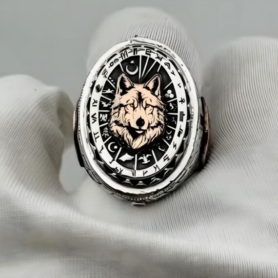 Turkish Grey Wolf Sterling Silver Ring: Oghuz Tribe Symbols, Personalized