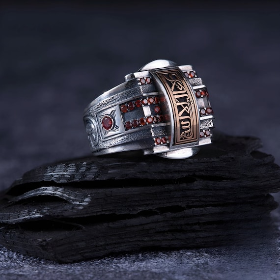 La Galiba İllallah Ring: Sterling Silver Mens Ring with Red Zircon