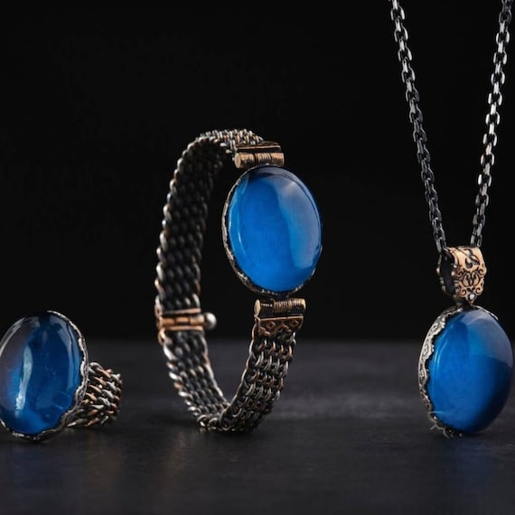 Blue Amber Stone Men's Jewelry Set - Knitted Silver 925, Ring Bracelet Necklace