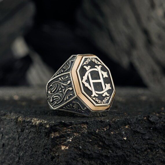 Engraved Initial Octagon Ring: Personalized Sterling Silver Geometric Jewelry