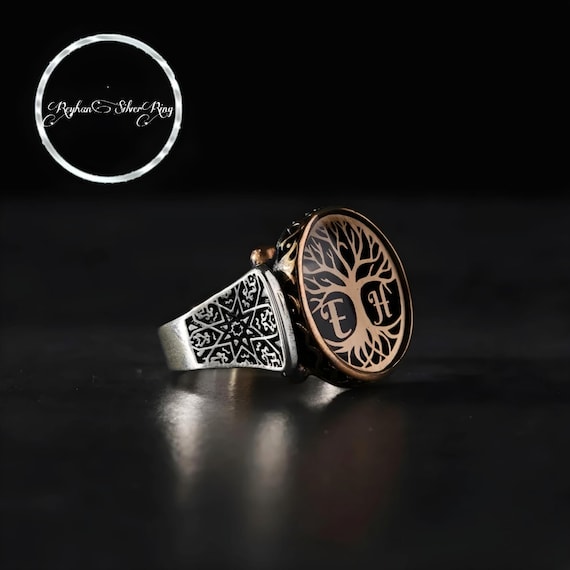 Sterling Silver Family Tree Ring: Personalized Initial Jewelry