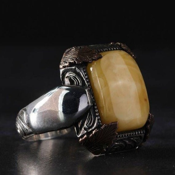 Men's Sterling Silver Amber Stone Ring, Yellow Gemstone, Unique Handcrafted Jewelry