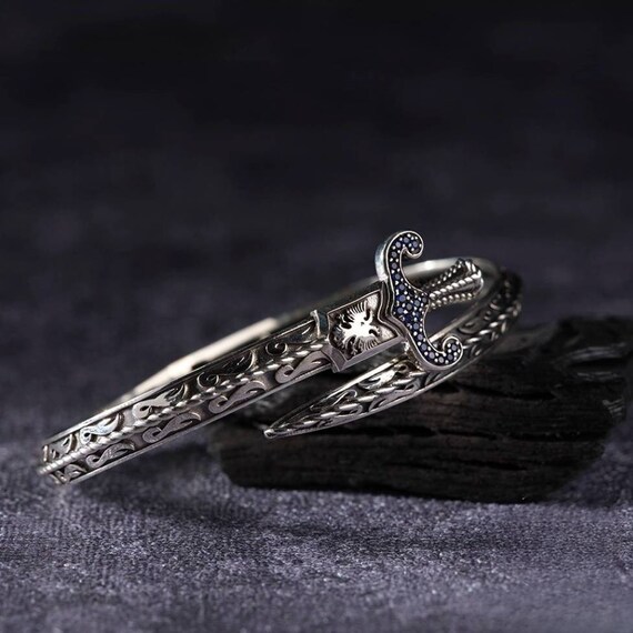 Blue Zircon Sword Bracelet: Sterling Silver Engraved Adjustable Bangle