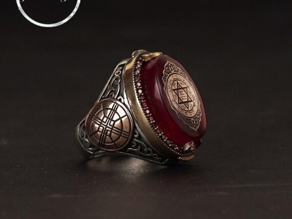 Engraved Red Amber Stone Silver Ring: Star of David Talisman Jewelry