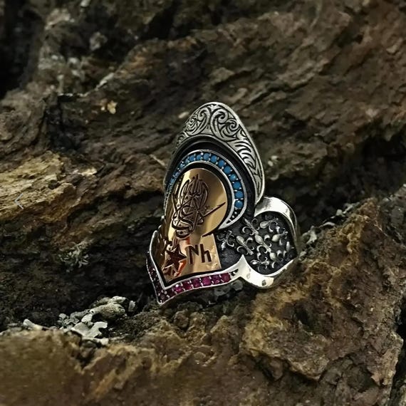 Custom Handmade Thumb Archer's Zihgir Silver Ring - Red Zircon & Turquoise Stones