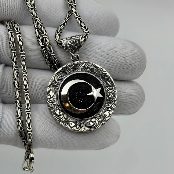 Handmade 925 Silver Ottoman Star & Crescent Medallion Necklace