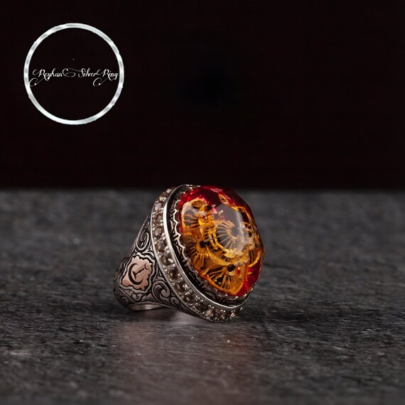 Hagia Sophia Carved Sterling Silver Ring: Turkish Crescent & Color Changing Stone