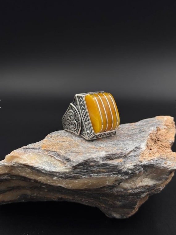 Handmade Split Yellow Amber 925 Sterling Silver Unisex Ring I Health & Peace Stone I Master Hands