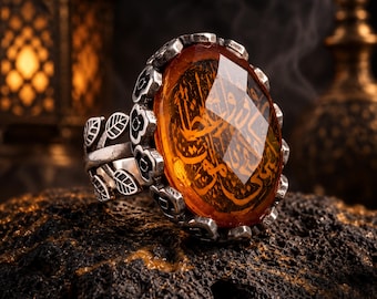 925 Sterling Silver Islamic Ring, Arabic Calligraphy Color Changing Gemstone