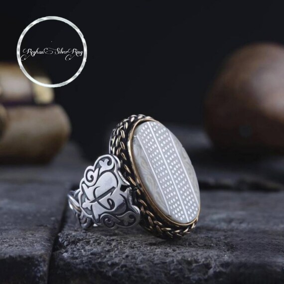 Sterling Silver Men's Ring: White Pearl Stone, Arabic Script