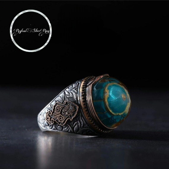 Handcrafted Sterling Silver Men's Ring: Green Gemstone Islamic Jewelry