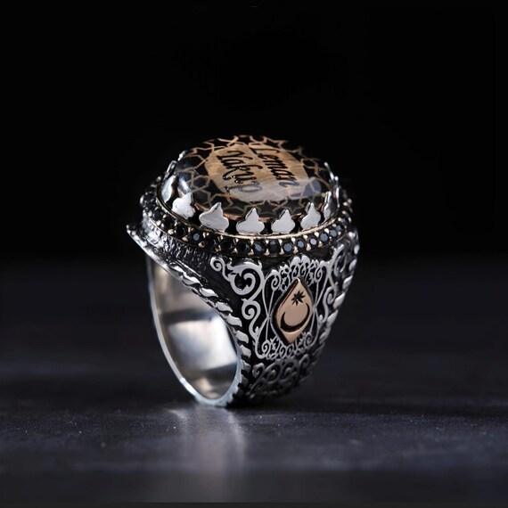 Unique Green Amber Name Ring - Sterling Silver Oval Engagement Jewelry