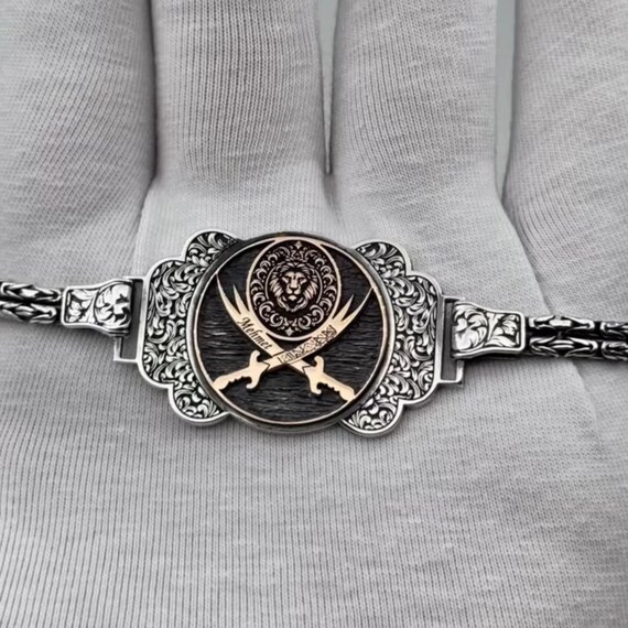 Zulfiqar Sword Sterling Silver Bracelet: Lion Motif, Custom Islamic Bangle