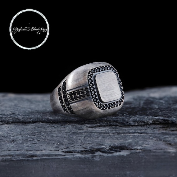 Zodiac Sign Gift: Men's Silver Ring with Black Zirconia Stone - Handmade Gemstone Jewelry