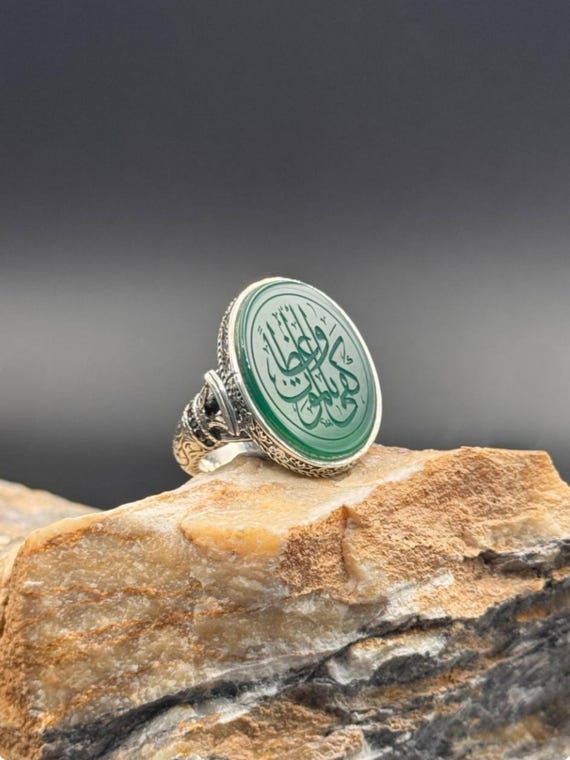 Green Agate Sterling Silver Ring: Arabic Script Islamic Men’s Jewelry
