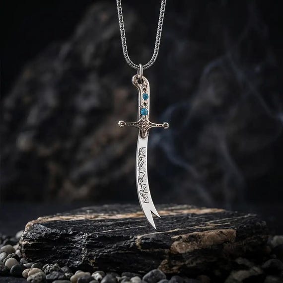 Zulfiqar Sword Necklace, 925 Silver Islamic Pendant for Men