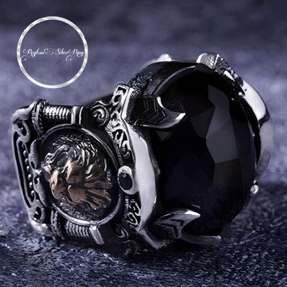 Lion Sterling Silver Men's Ring: Adjustable Onyx Handmade Jewelry