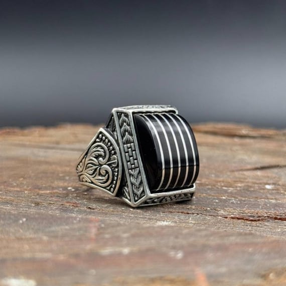 Black Amber Sterling Silver Ring for Men, Handmade Engraved Band
