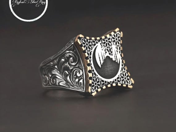 Handmade Engraved Sterling Silver Islamic Ring: Mosque Crescent Silhouette