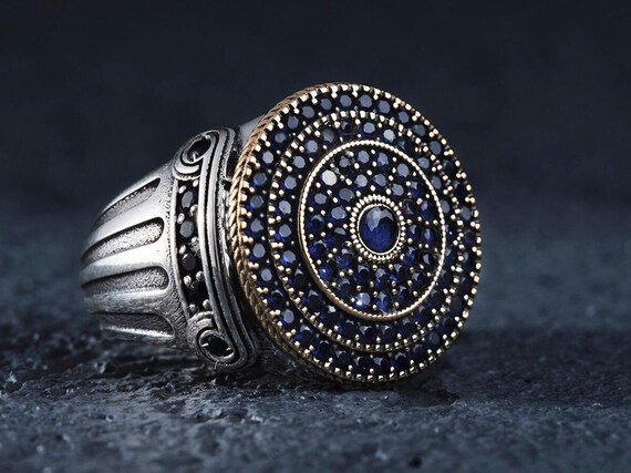 Sapphire Sterling Silver Ring: Black Onyx Embellished, Column Pattern