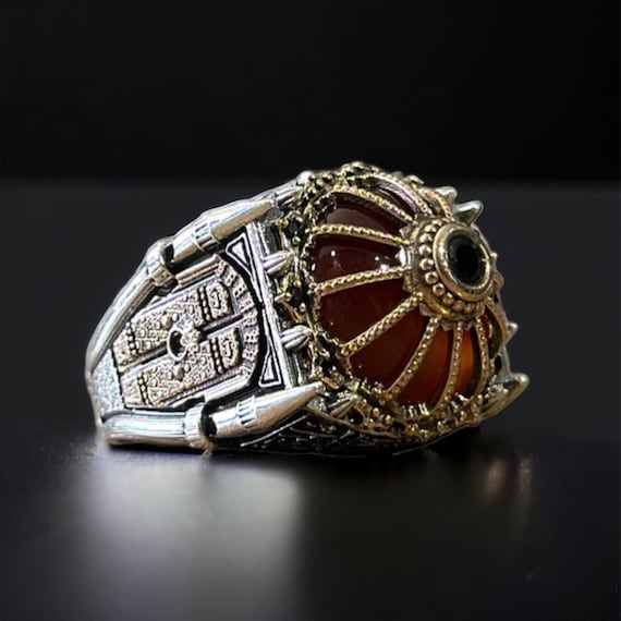 Red Aqeeq Sterling Silver Ring: Ottoman Sultan Ahmed Mosque Design