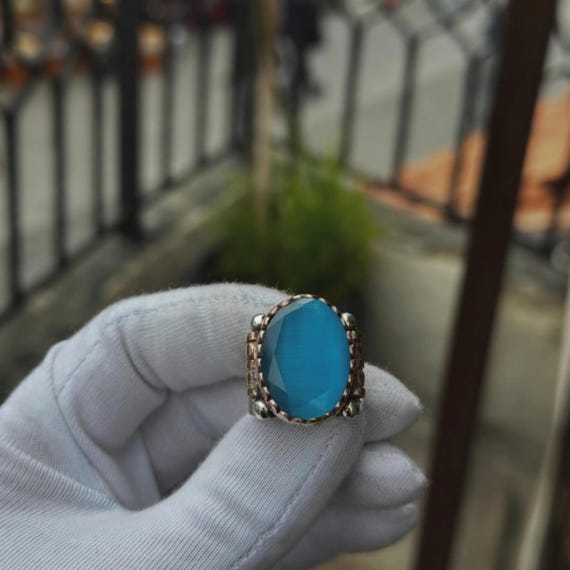 Blue Chalcedony Silver Ring, 925 Sterling Islamic Men Ring