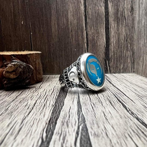 Turquoise Color and Black Zirconium Stone Turkish Silver Ring, Handmade Men's Gift, Father's Gift