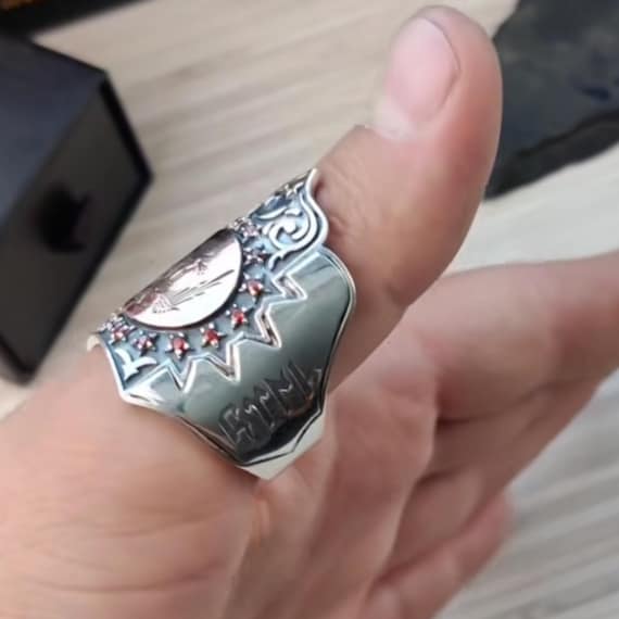 Seljuk Double-Headed Eagle Sterling Silver Archery Ring with Red Zircon