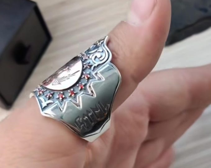 Seljuk Double-Headed Eagle Sterling Silver Archery Ring with Red Zircon