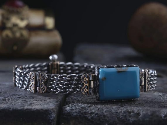 Firuze Taşlı El Örmesi Gümüş Bileklik – Handmade Sterling Silver Turquoise Bracelet