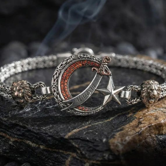 Personalized Turkish Crescent Star Sword Bracelet – 925 Sterling Silver Ottoman Style Men's Bracelet