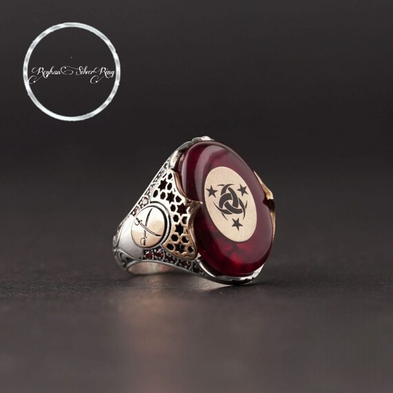 Red Fire Amber Sterling Silver Men's Ring: Ottoman Cross Sword Design