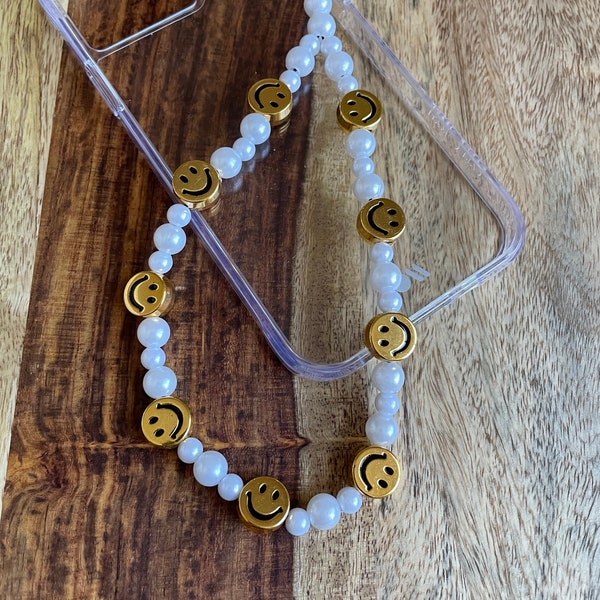 Gold or Yellow Smiley Face and Pearl Y2K Phone Charm Strap