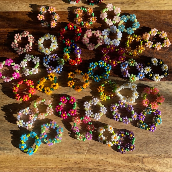 Hand Beaded Seed Bead Rings - Trendy - Unique - Stretchy - Flower - Wave - Woven